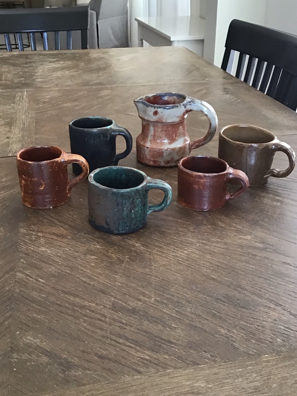 studio pottery artist signed rustic mugs cup farmhouse cottage Mugs and Pitcher.
